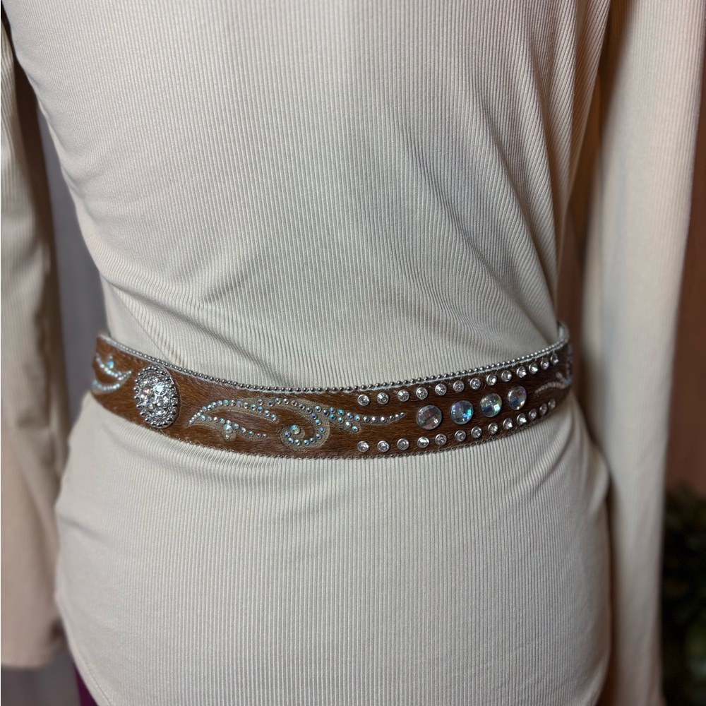 Nocona Genuine Leather Calf Hair on Hide Rhinestone Belt Rodeo Western Bling - Picture 10 of 16